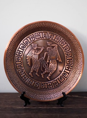 双子商店 中古埃及制黄铜捶打篆刻古埃及人物装饰盘 盛皿