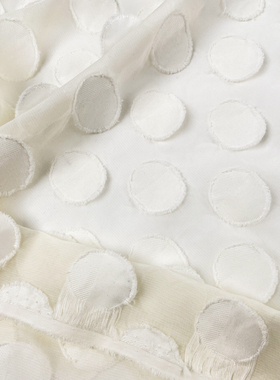 F垂坠半透米白底白色大圆点提花剪花欧根纱布料 连衣裙衬衫面料B