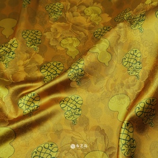 国风面料C 黄色八宝葫芦印花暗纹双面提花仿香云纱布料B旗袍衬衫