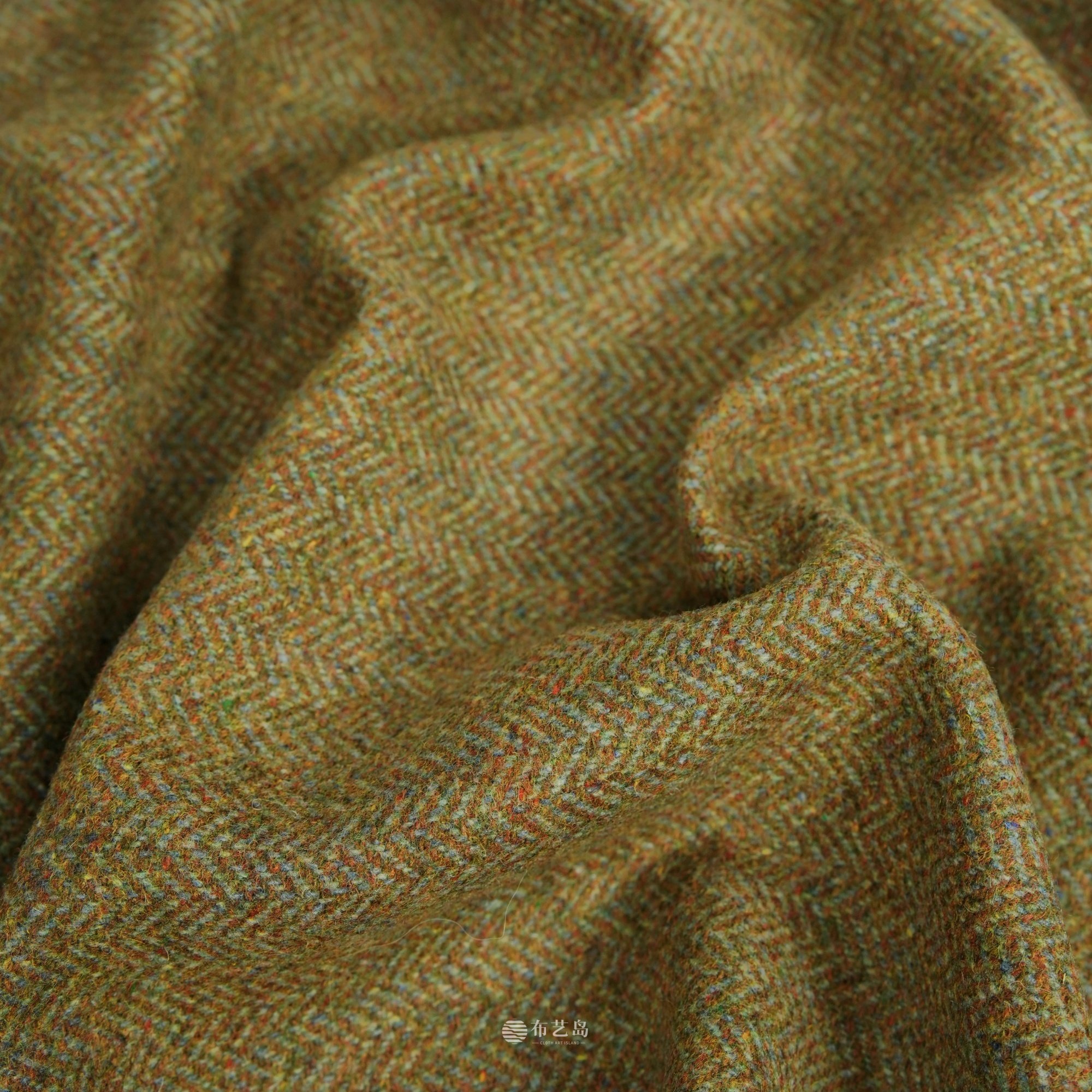 复古绿棕色复合彩色纱线小人字纹羊毛布料西装外套设计diy面料b