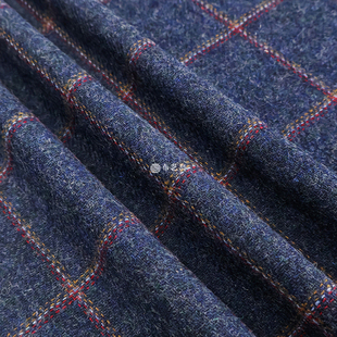 进口薄款蓝色调格子线条复古羊毛毛呢布料马甲西装做衣服面料B