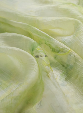 清新田园风 绿色油画朦胧印花半透竖条纹肌理天丝布料连衣裙面料