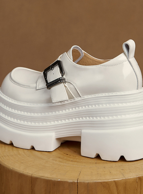 全真皮单鞋学院风四季休闲鞋低帮松糕跟乐福鞋厚底增高女鞋皮带扣