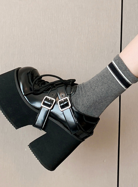 朋克机车风女鞋粗跟厚底休闲鞋全真皮单鞋皮带扣绑带增高鞋松糕跟