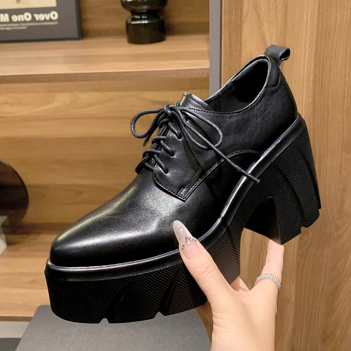 厚底增高女鞋全真皮单鞋绑带英伦中性休闲鞋松糕跟尖头四季鞋粗跟