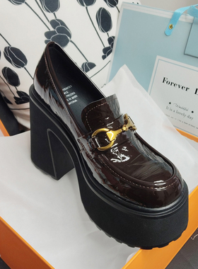 漆皮松糕女鞋粗高跟单鞋全真皮厚底休闲鞋金属扣学院风四季鞋增高