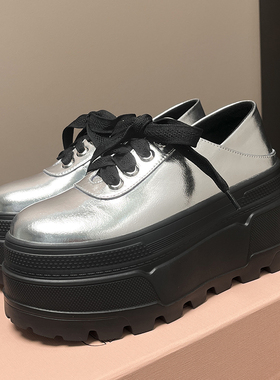 小个子女鞋厚底增高单鞋真皮休闲鞋绑带松糕坡跟低帮鞋银色学院风