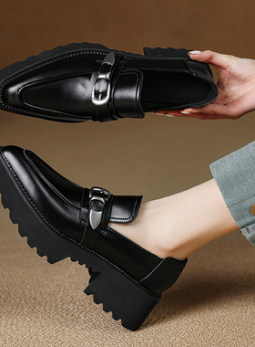 粗跟厚底乐福鞋2025新款女鞋中性四季休闲鞋真皮单鞋尖头亮皮英伦