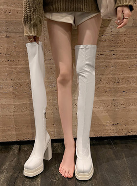 古菲斯奇女鞋粗高跟长靴过膝瘦腿