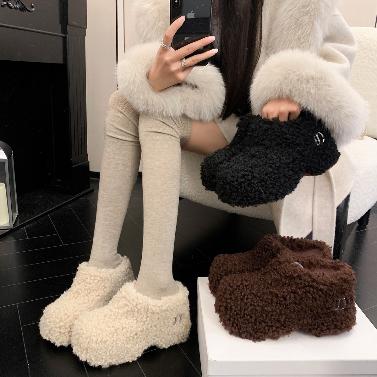 勃肯鞋新款厚底增高女鞋外穿卷毛毛拖鞋松糕半拖包头鞋加绒保暖鞋,女鞋,毛毛鞋,淘宝优惠券,粉丝福利购,淘宝优惠卷