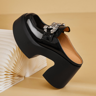 半拖粗高跟穆勒鞋 真皮单鞋 金属 松糕厚底休闲鞋 学院风漆皮包头女鞋