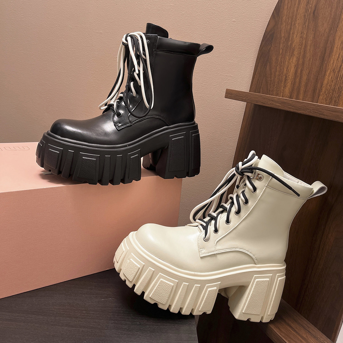 高帮女鞋粗跟厚底靴子真皮马丁靴短筒绑带机车靴松糕短靴四季增高,女鞋,马丁靴,淘宝优惠券,粉丝福利购,淘宝优惠卷