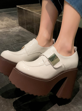 小个子厚底女鞋全真皮粗高跟单鞋学院风漆皮乐福鞋松糕休闲鞋四季