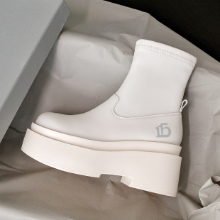 增高女鞋松糕跟短筒靴子真皮短靴瘦腿弹力骑士靴坡跟厚底矮靴四季