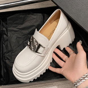 学院风粗跟厚底休闲鞋女真皮单鞋春季新款松糕跟英伦鞋金属低帮鞋