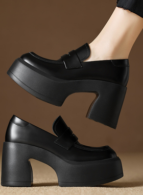 春季新款增高女鞋粗高跟休闲鞋真皮低帮单鞋松糕厚底乐福鞋学院风