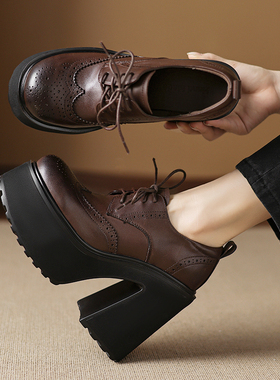 小个子厚底女鞋增高四季鞋松糕休闲鞋全真皮单鞋粗高跟低帮鞋绑带
