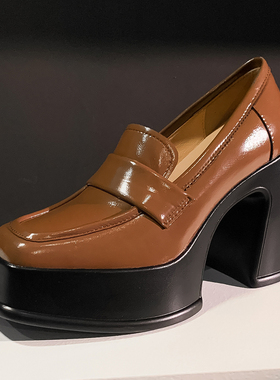 学院风粗跟女鞋四季休闲真皮单鞋厚底方头乐福鞋松糕跟亮皮增高鞋