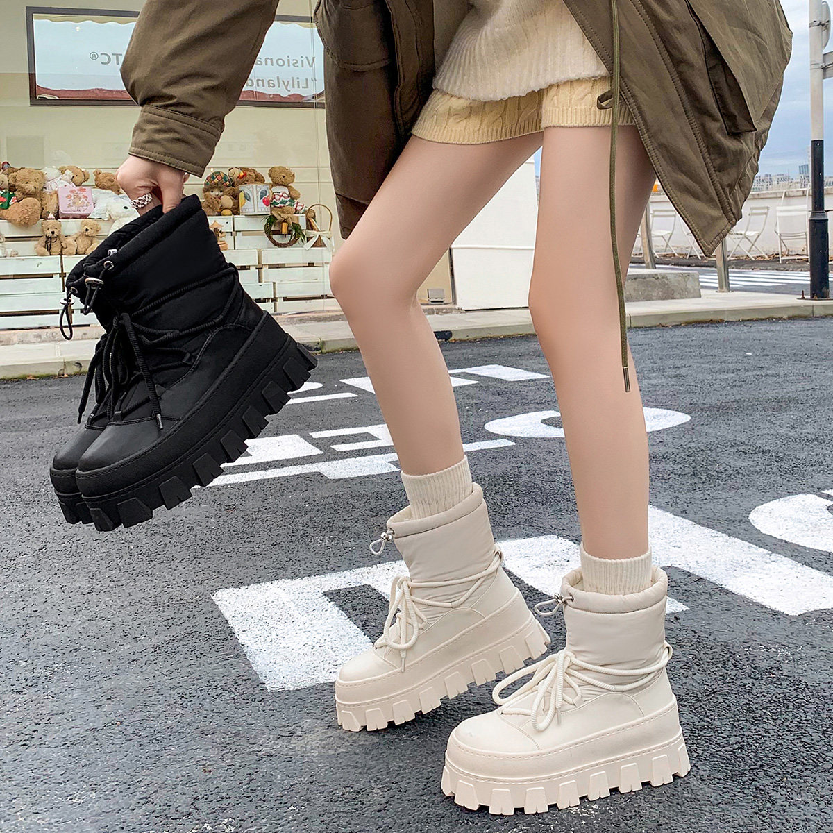 东北零下保暖鞋女绑带厚底短筒靴子松糕跟雪地靴加厚大棉短靴加绒,女鞋,时尚雪地靴,淘宝优惠券,粉丝福利购,淘宝优惠卷