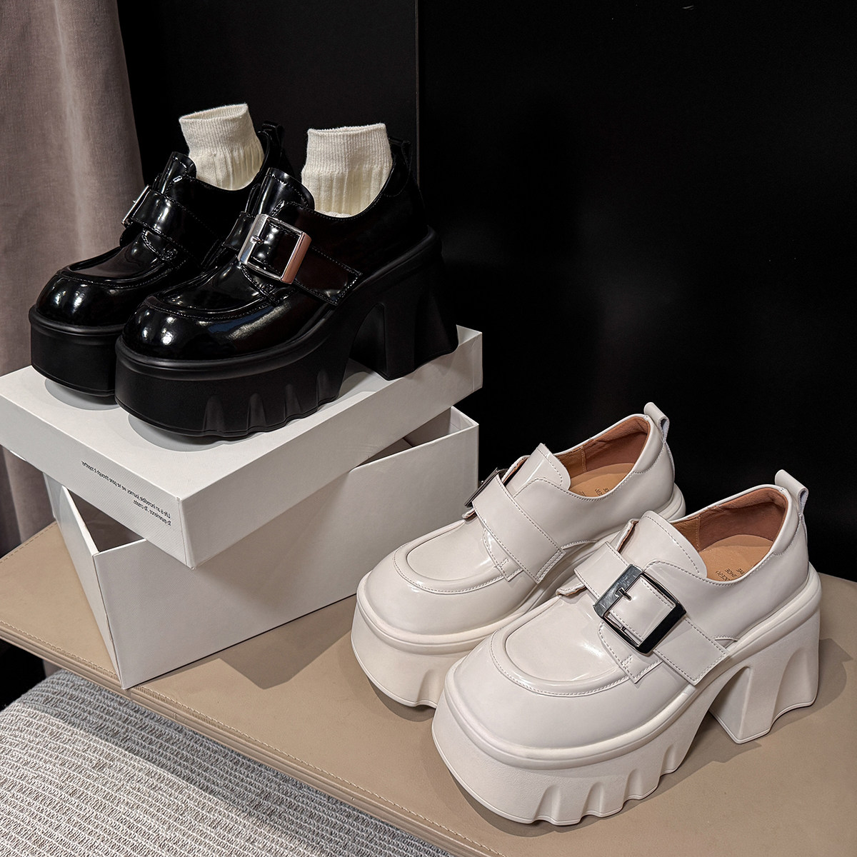 全真皮单鞋学院风休闲鞋松糕四季粗高跟乐福鞋厚底增高女鞋皮带扣,女鞋,深口单鞋,淘宝优惠券,粉丝福利购,淘宝优惠卷