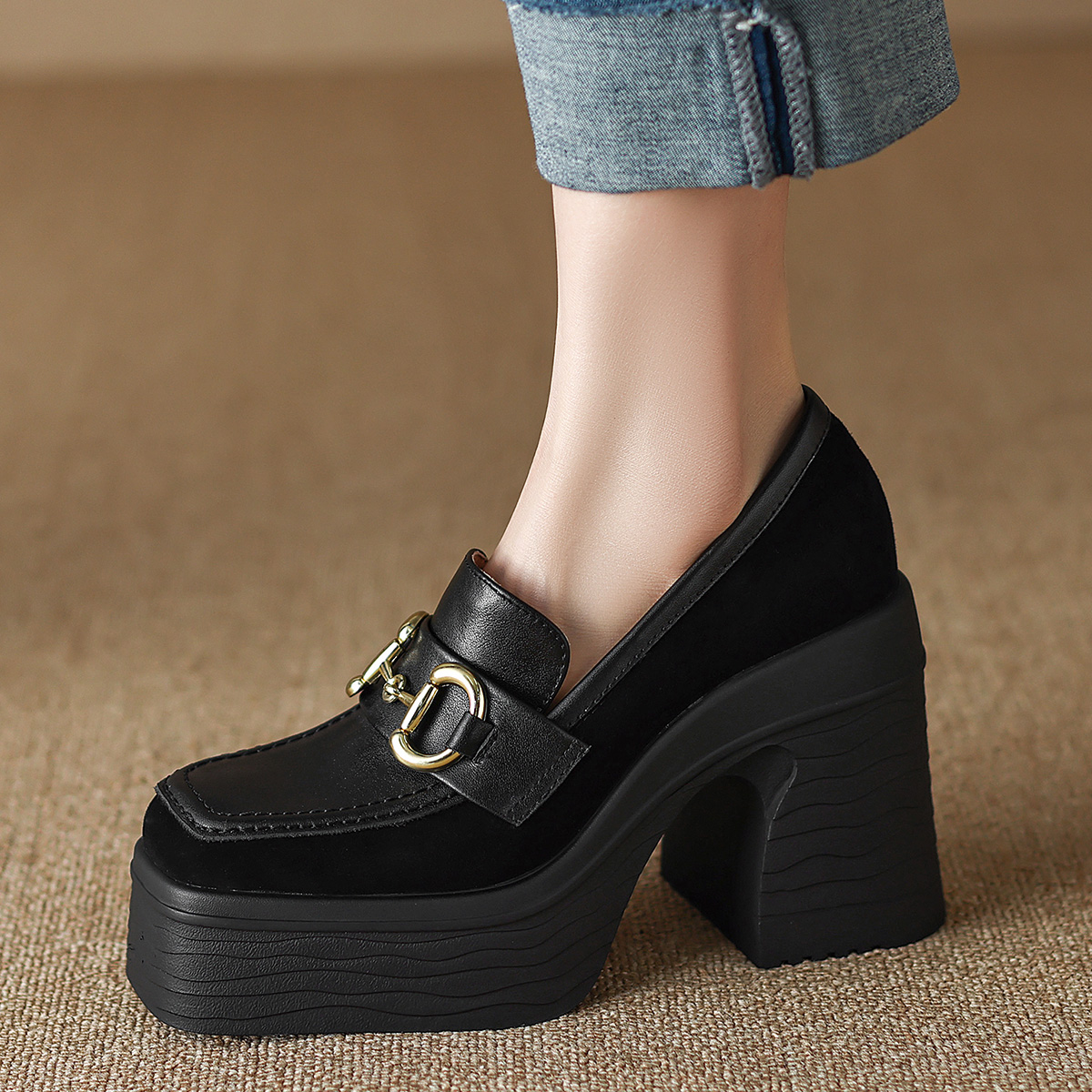 古菲斯奇女鞋粗高跟休闲鞋全真皮