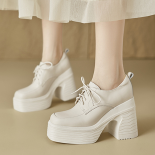小个子厚底女鞋增高四季鞋低帮休闲鞋全真皮单鞋粗高跟方头鞋绑带