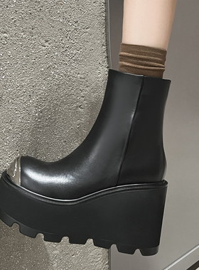 骑士靴金属增高女鞋松糕跟短筒靴子全真皮短靴坡跟厚底机车靴牛皮