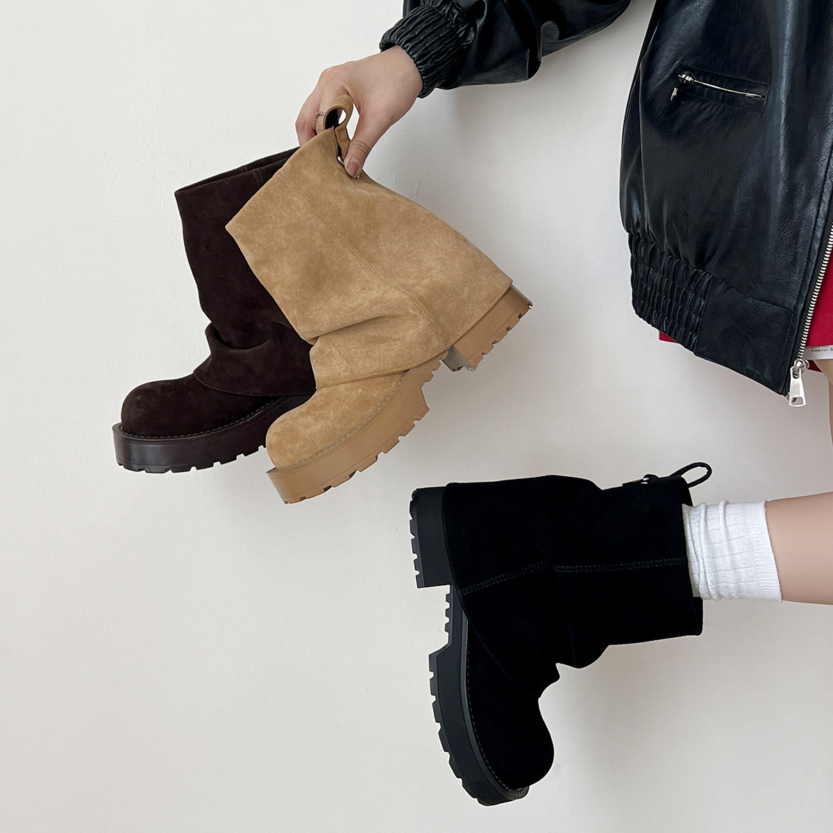 新款四季女鞋厚底靴子内增高马丁靴真皮短筒机车靴粗跟裤筒靴朋克