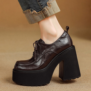 学院风厚底女鞋增高四季鞋松糕休闲鞋全真皮单鞋粗高跟低帮鞋系带