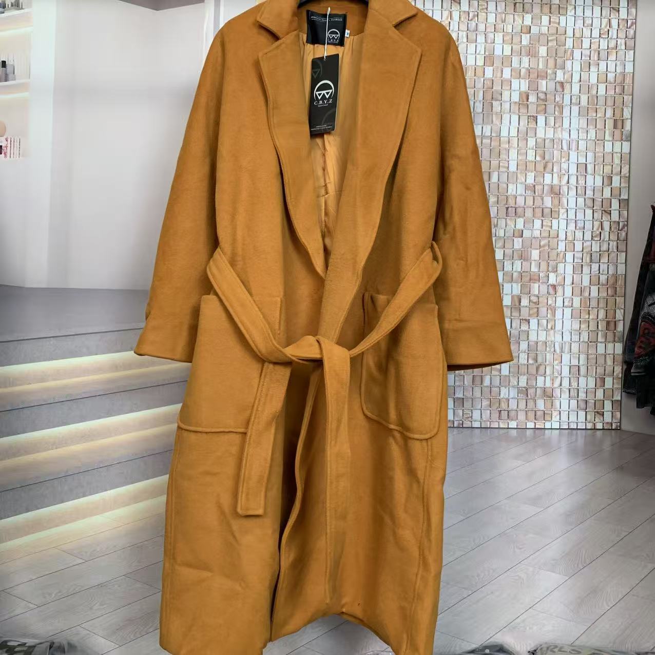 (清仓)秋冬女经典中国绒双面毛呢大衣过膝中长款开衫浴袍外套女