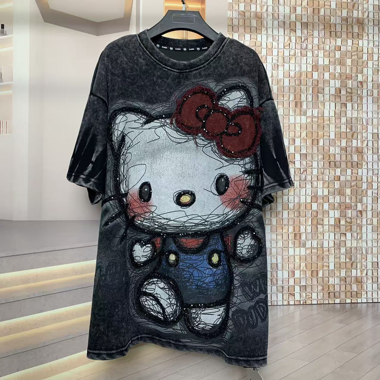 WR潮牌秋新款重工洗水Kitty猫时尚卡通可爱大版宽松短袖T恤女