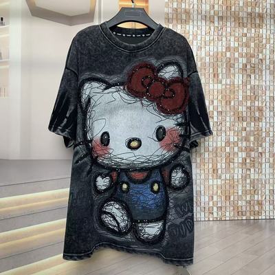 WR潮牌秋新款重工洗水Kitty猫时尚卡通可爱大版宽松短袖T恤女