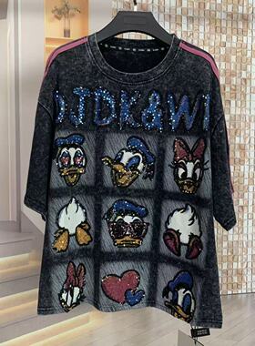 WR潮牌春夏新款重工九格唐老鸭卡通小个子宽松短袖T恤上衣女