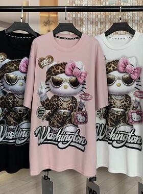 WR潮牌夏新款重工满钻豹纹Kitty猫时尚宽松中长款短袖T恤女