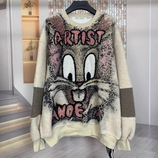 MX潮牌秋冬新款加绒宽松慵懒兔八哥卡通减龄羊羔毛宽松圆领卫衣女