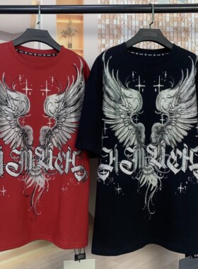 WR潮牌新款前后满钻重工字母翅膀时尚大版中长款宽松短袖T恤