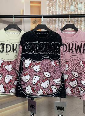 WR潮牌春夏新款重工粉豹纹Kitty猫卡通小个子宽松短袖T恤上衣