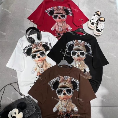WR潮牌新款时尚重工满钻墨镜米奇卡通减龄宽松短袖T恤上衣跨境
