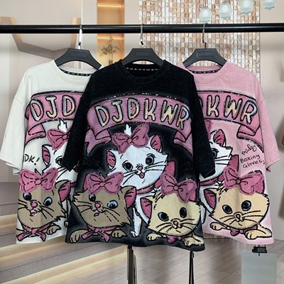 WR潮牌新款重工可爱贴布猫咪卡通减龄时尚宽松短袖T恤上衣女