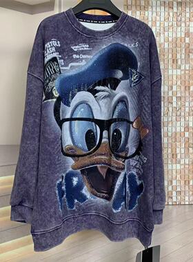 WR潮牌新秋款重工眼镜唐老鸭卡通减龄中长款圆领时尚宽松卫衣