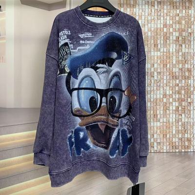 WR潮牌新秋款重工眼镜唐老鸭卡通减龄中长款圆领时尚宽松卫衣