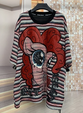 MX潮牌新款条纹针织复合马年小马卡通减龄时尚宽松短袖T恤上衣女