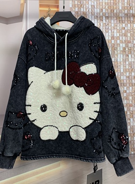 WR潮牌秋冬加绒重工kitty猫小个子卡通宽松时尚连帽卫衣上衣