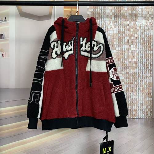MX潮牌秋冬加绒重工刺绣字母拼色中长款大版连帽羊羔毛外套保暖女