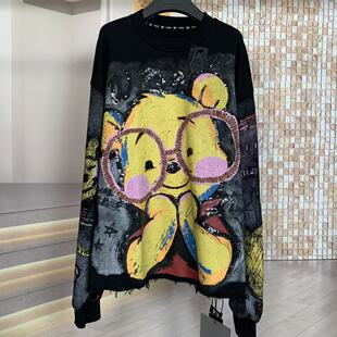 WR潮牌秋爆款洗水眼镜维尼熊减龄时尚卡通宽松大版圆领卫衣女上衣