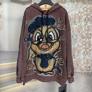 WR潮牌秋冬加绒重工眼镜鸭卡通宽松时尚 加厚连帽卫衣女 大版