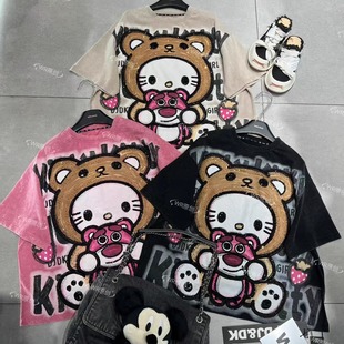 跨境WR潮牌新款重工可爱小熊Kitty卡通减龄时尚宽松短袖T恤上衣女
