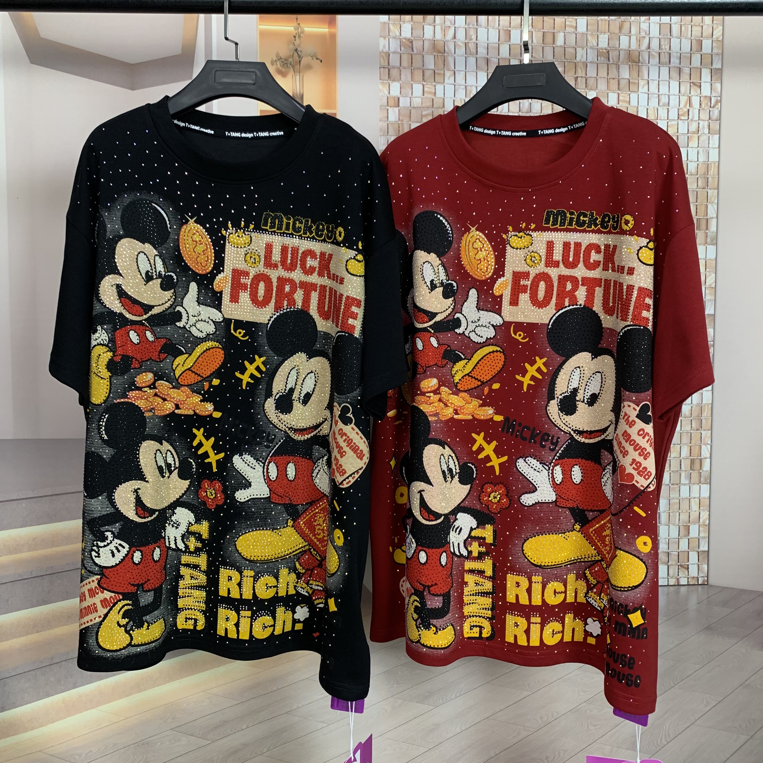 T+潮牌新款时尚重工满钻米奇迪士尼卡通减龄宽松短袖T恤上衣跨境