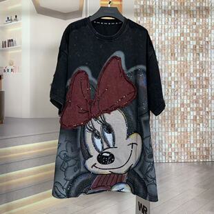 T恤上衣 宽松短袖 WR潮牌秋新刺绣蝴蝶结米妮可爱时尚 卡通大版