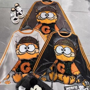 WR潮牌秋冬加绒刺绣加菲猫卡通减龄宽松时尚 圆领卫衣上衣 加厚大版